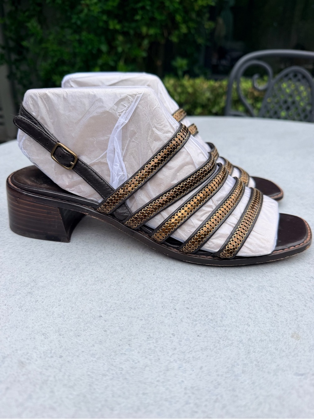 Stuart Weitzman Bronze Chain-Trim Strappy Low Block Heel Sandal